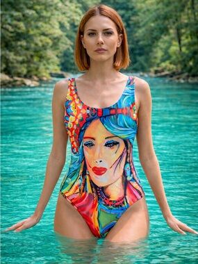 Chameleon Surf Colorful Psychedelic Woman Portrait One-Piece Swimsuit Size M NEW